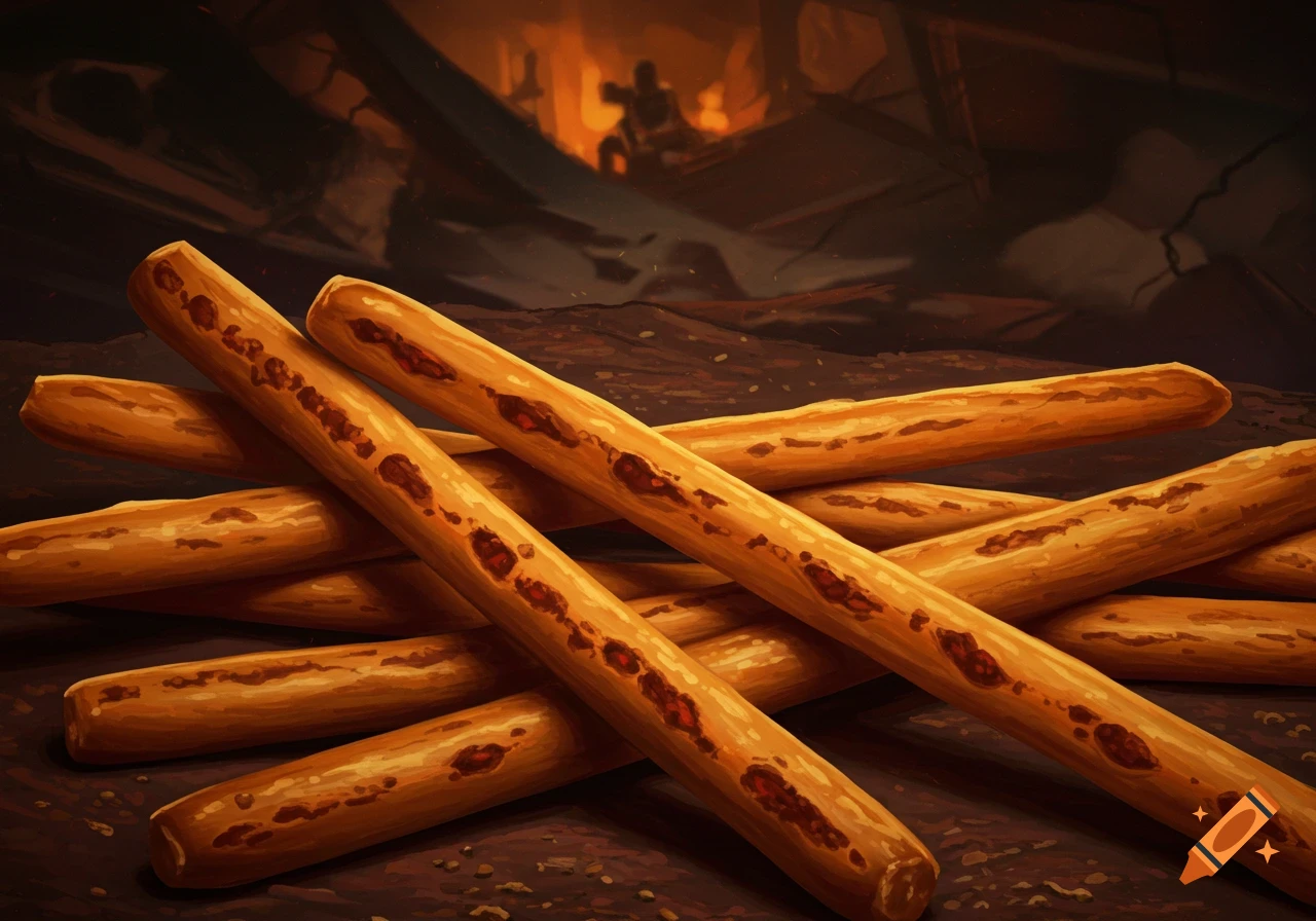 A pile of golden-brown breadsticks in the foreground against a dark, fiery, and destroyed city background in an illustrative style.