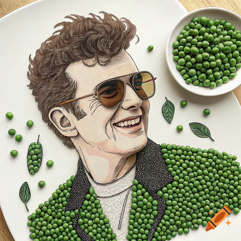 A smiling portrait of Rick Astley, with drawn features and a jacket made from green peas on a white plate.