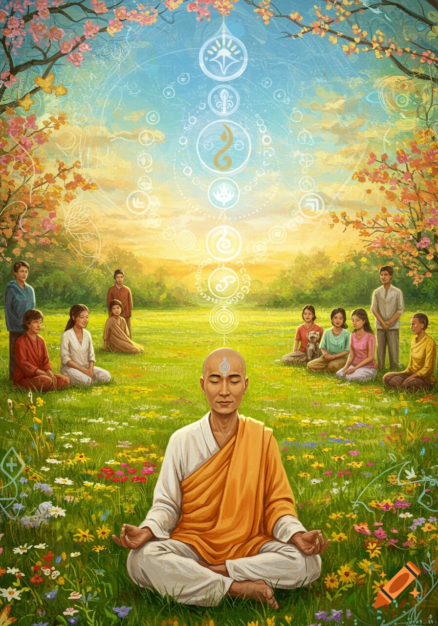 A monk meditates in a vibrant field with wildflowers and trees, surrounded by people, as glowing spiritual symbols ascend from him.