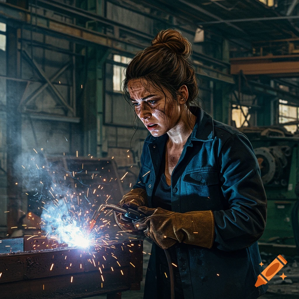 A photorealistic image of a female welder with dirt on her face, working with sparks flying in an industrial setting.