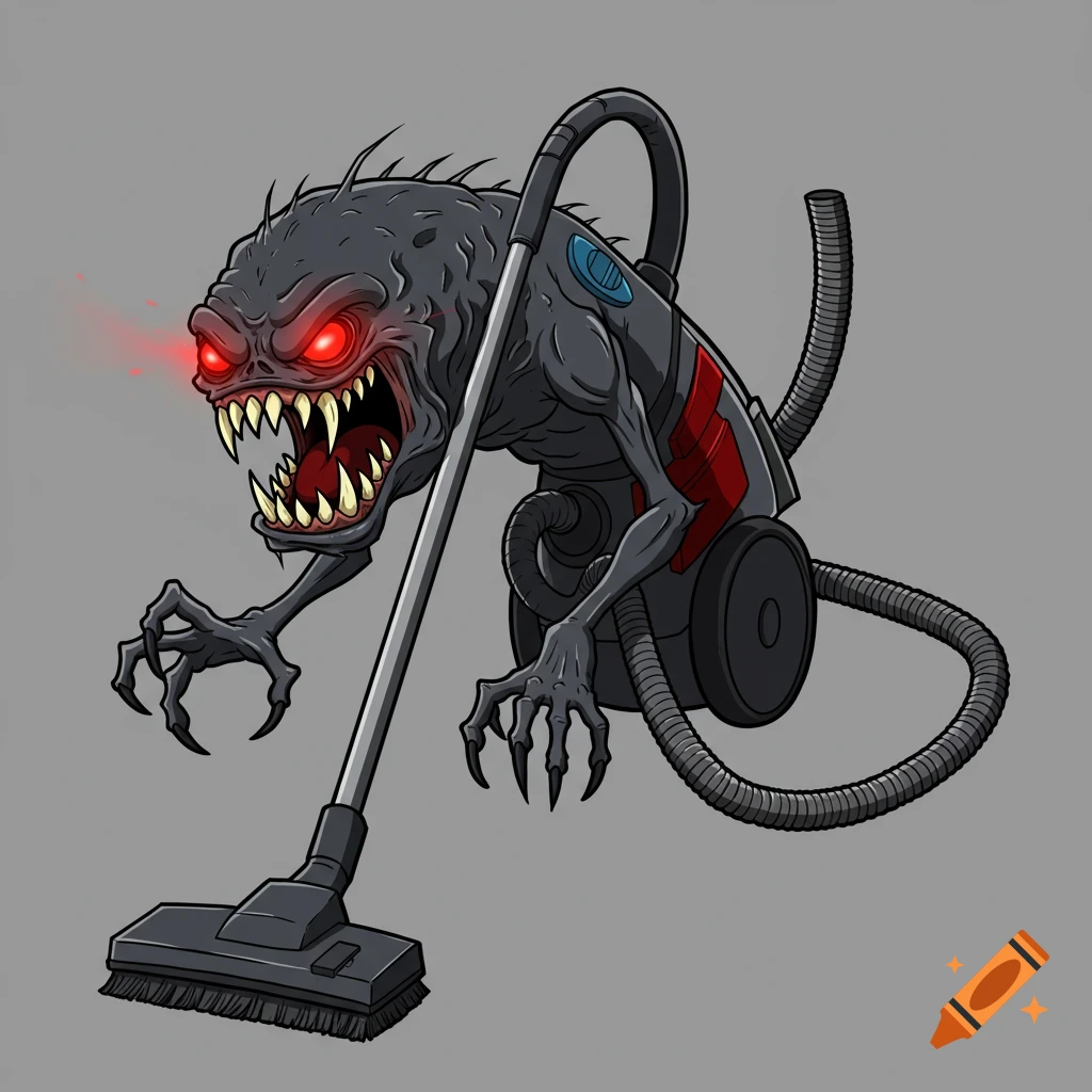 Cartoon illustration of a menacing grey monster with red eyes and sharp teeth, integrated with a vacuum cleaner, holding its handle.