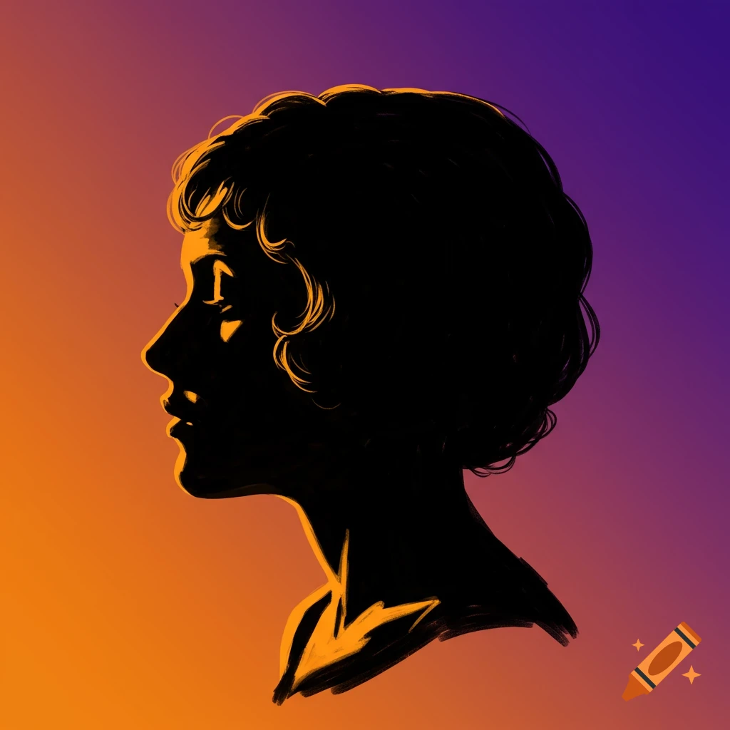 A stylized silhouette of a woman's head in profile against an orange to purple gradient background.