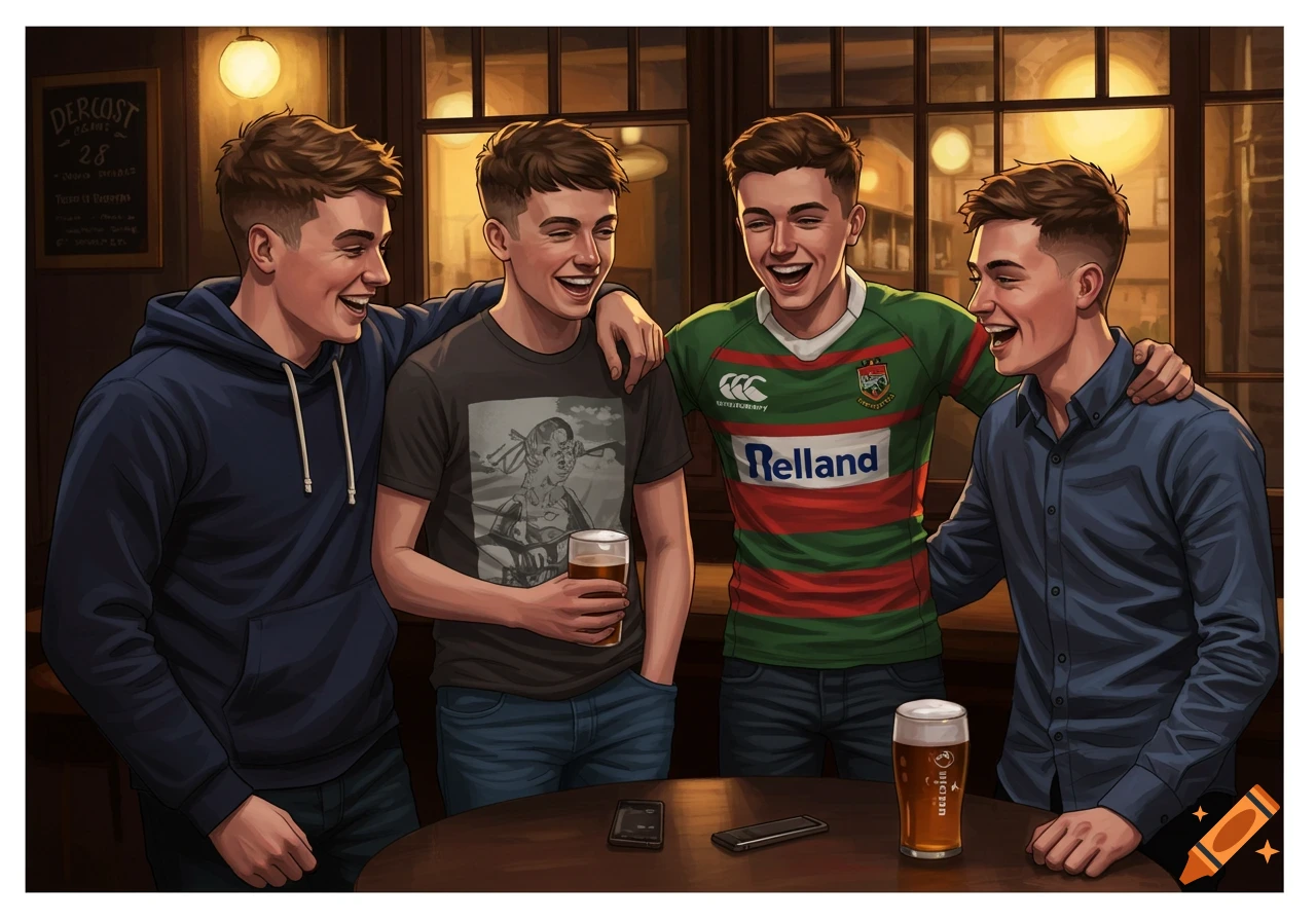 Four young men laughing and socializing in a pub, with drinks on the table, in an illustrated style.