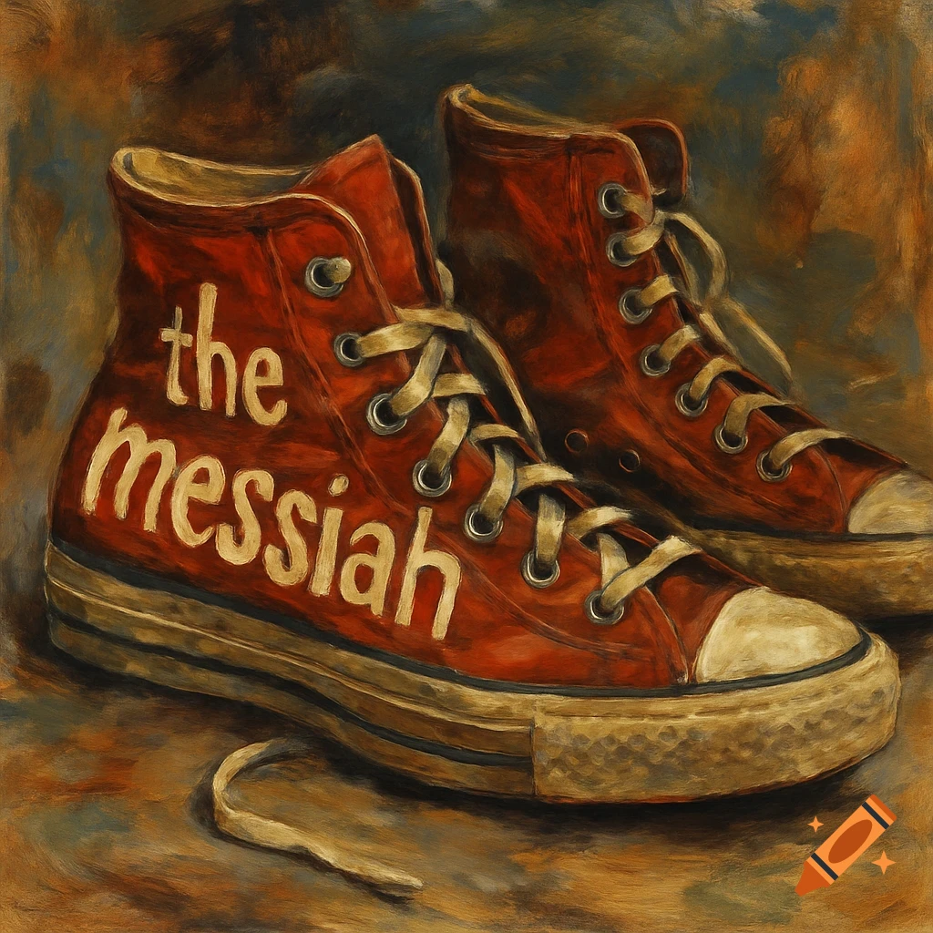 An oil painting of two red high-top shoes with "the messiah" written in white letters on the side of the left shoe.
