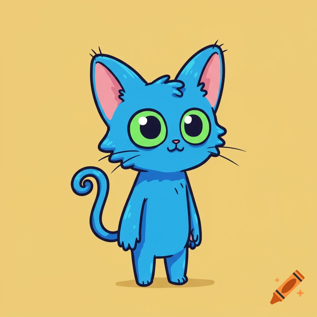 A cute blue cartoon cat with large green eyes stands against a plain yellow background.