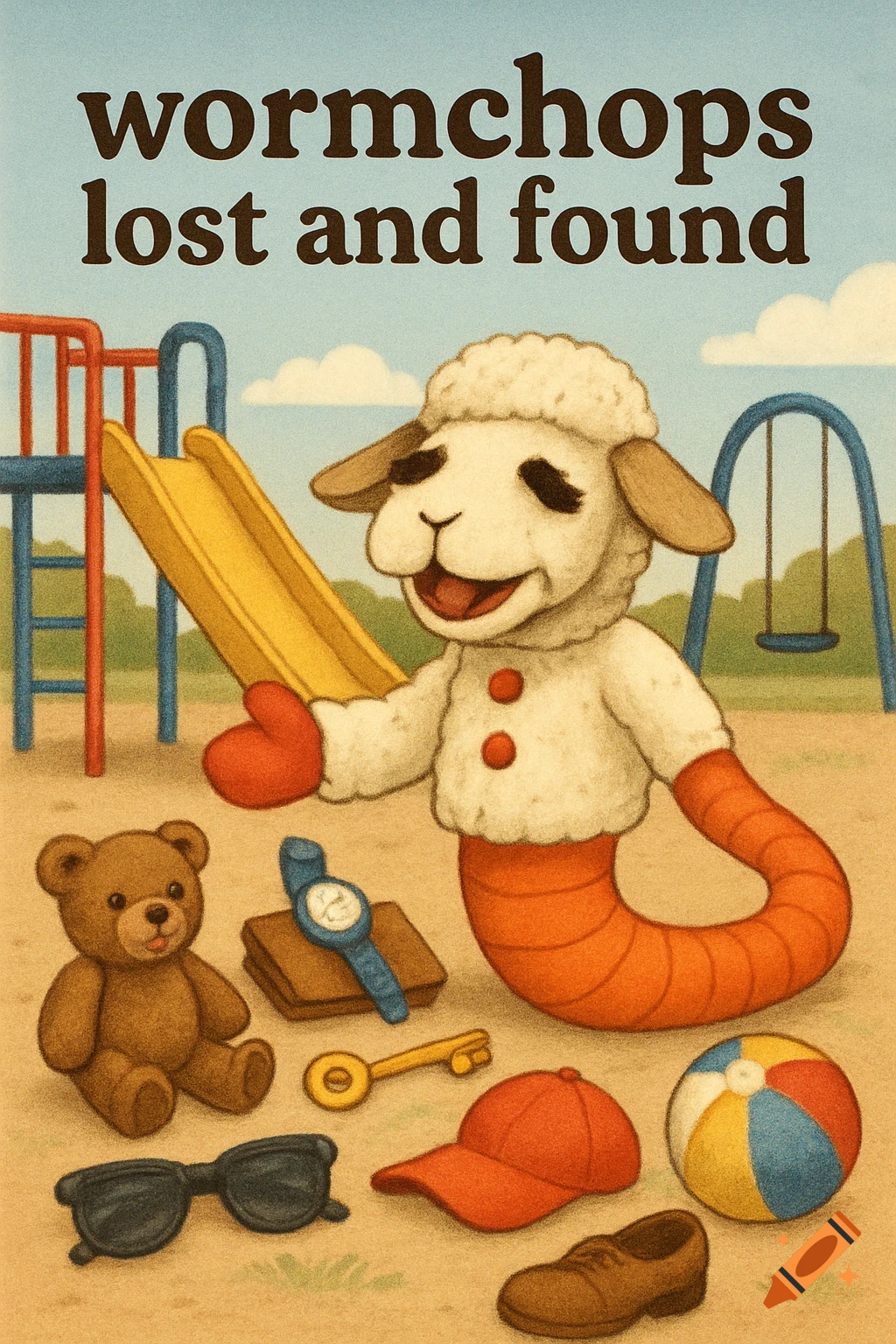 Illustration of a lamb-worm puppet in a playground with lost items like a teddy bear, watch, sunglasses, and ball. Text: 'wormchops lost and found'.