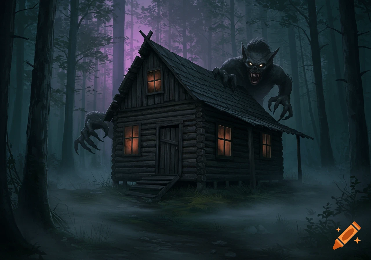 A menacing werewolf-like monster with glowing eyes lurks over a dark wooden cabin in a foggy, eerie forest at night.