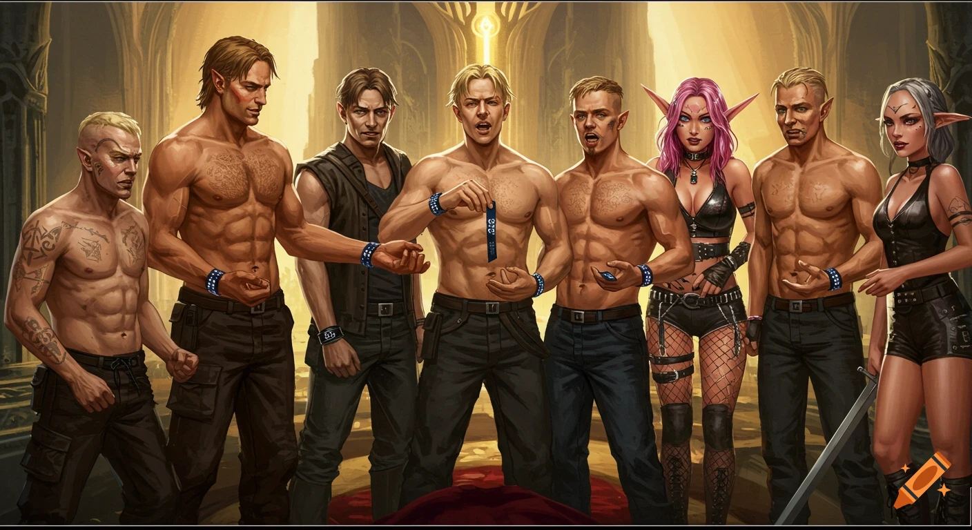 A group of eight muscular male and female fantasy characters with pointed ears, some shirtless, wearing rave-style clothing and wristbands, standing in a large hall.