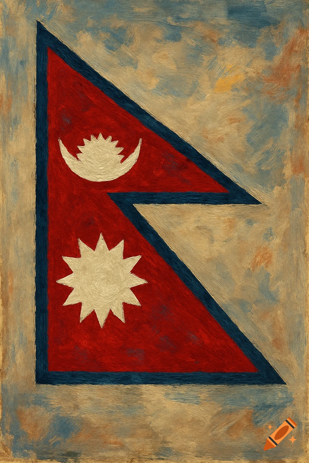 A stylized painting of the Nepal flag, featuring red triangular shapes with white sun and moon symbols, set against a textured background.