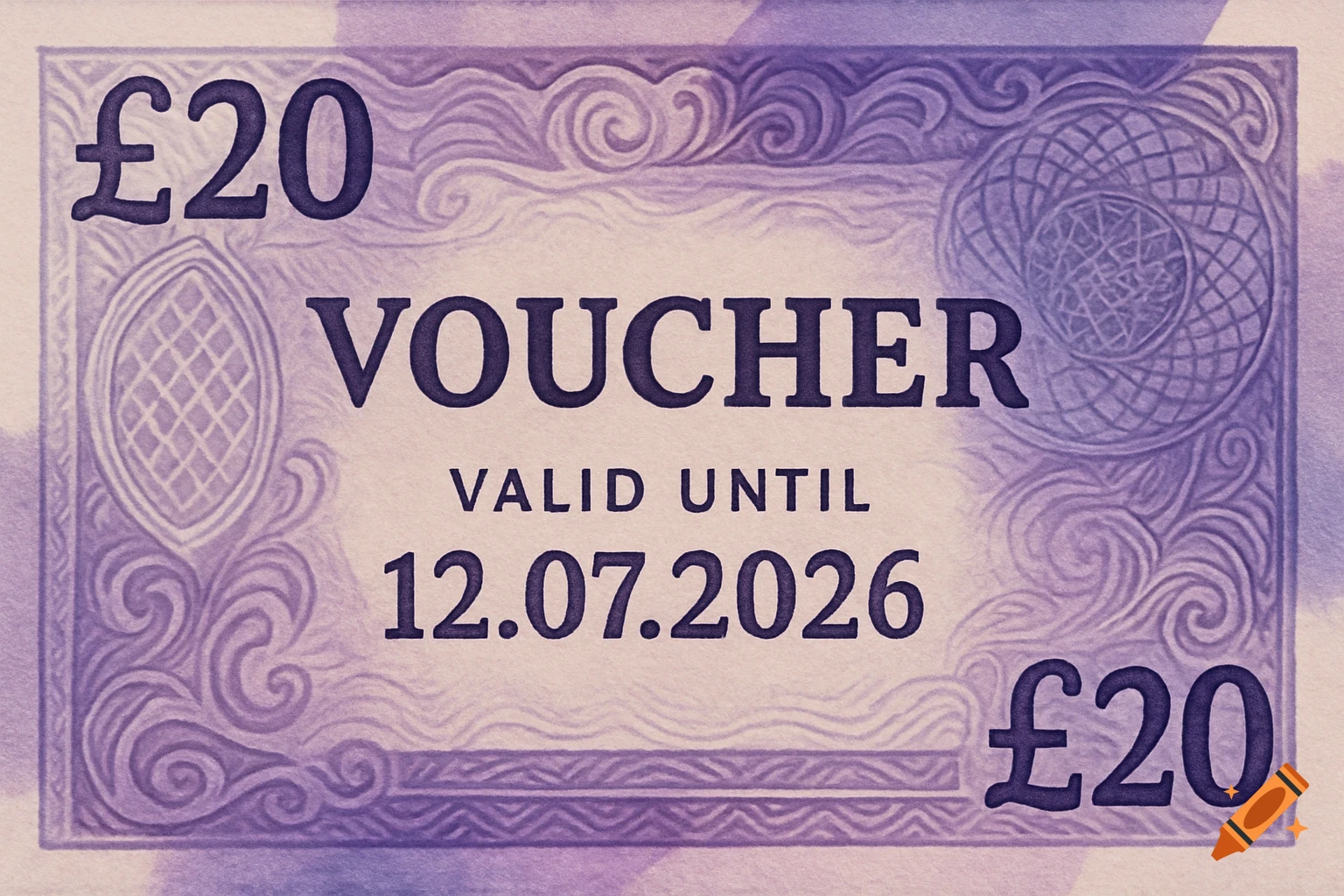 A purple 20 voucher with decorative swirls, showing 'VOUCHER' and 'VALID UNTIL 12.07.2026'.