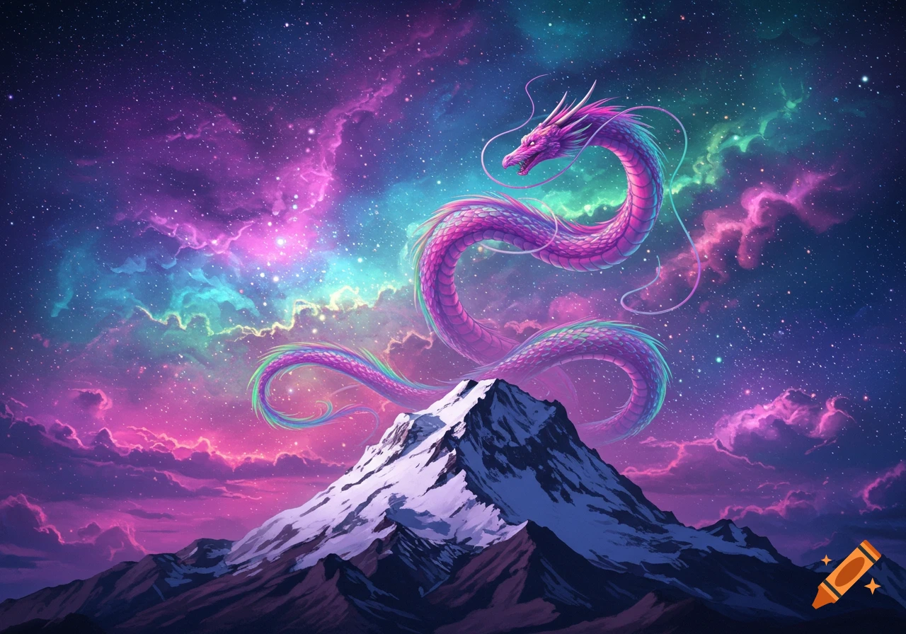 A vibrant pink and purple dragon coils around a snow-capped mountain against a colorful starry night sky.