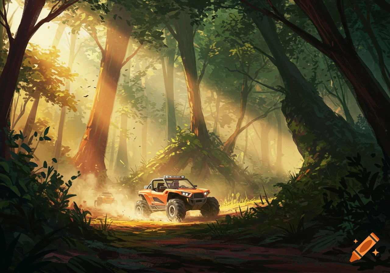 An orange side-by-side vehicle drives through a sun-dappled forest, kicking up dust on the dirt path. Another vehicle follows behind.