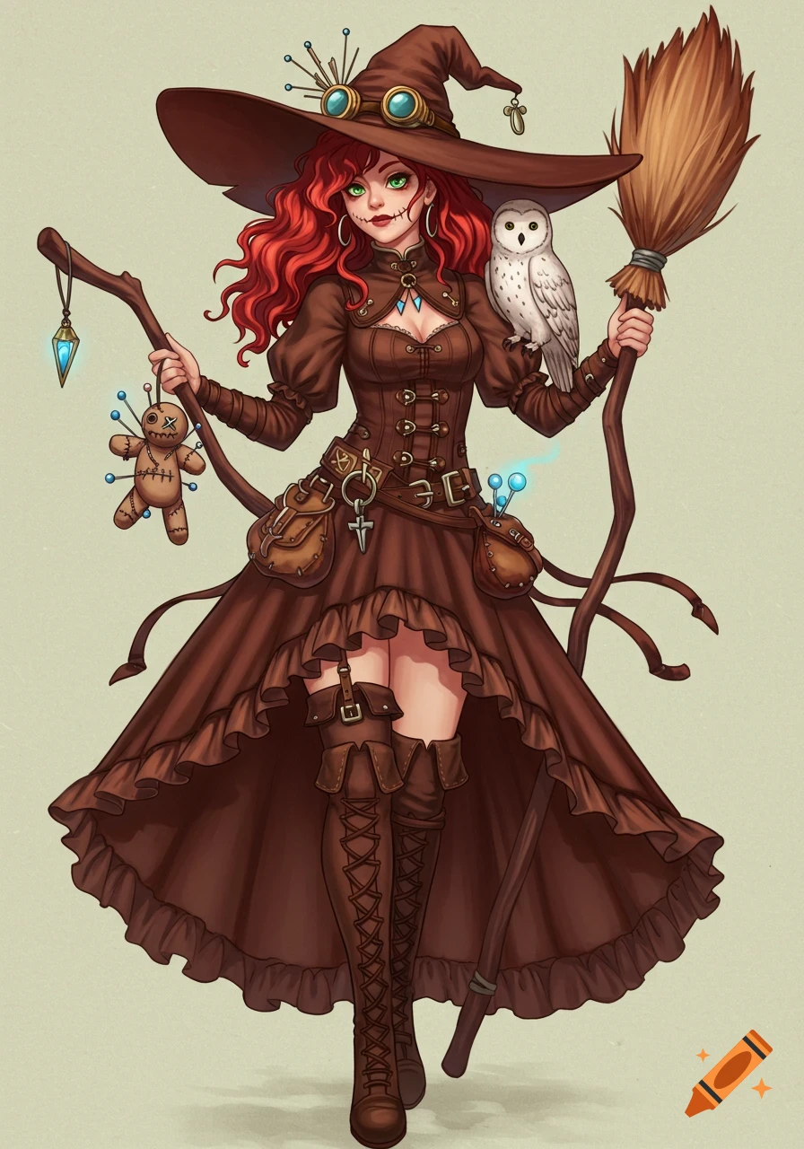Anime-style voodoo witch with red hair and green eyes, wearing a brown steampunk outfit, holding a voodoo doll and broom, with a white owl on her shoulder.