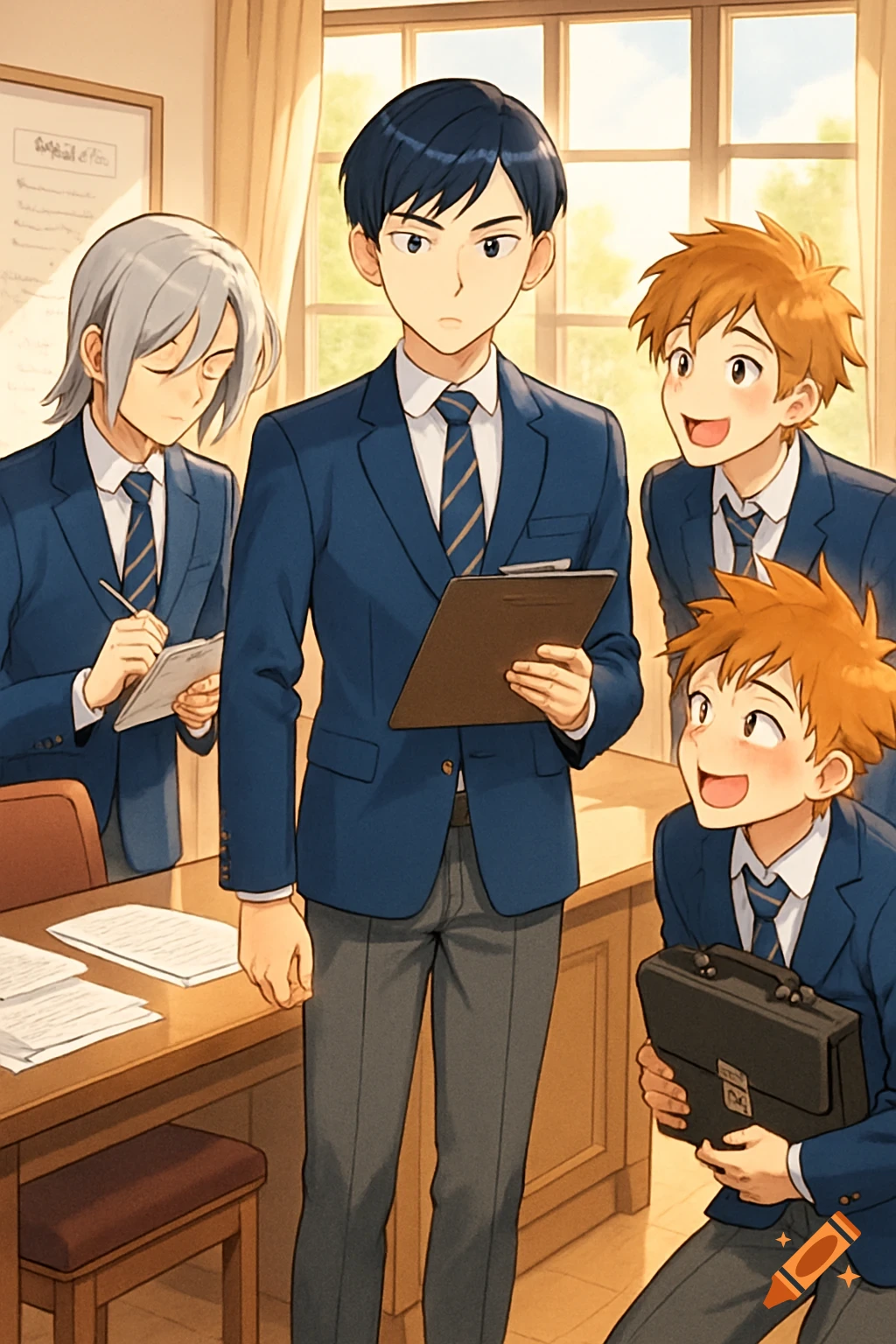 A vibrant anime illustration of four male students in blue blazers and ties in a sunlit student council room. The central figure holds a clipboard while three others observe him.