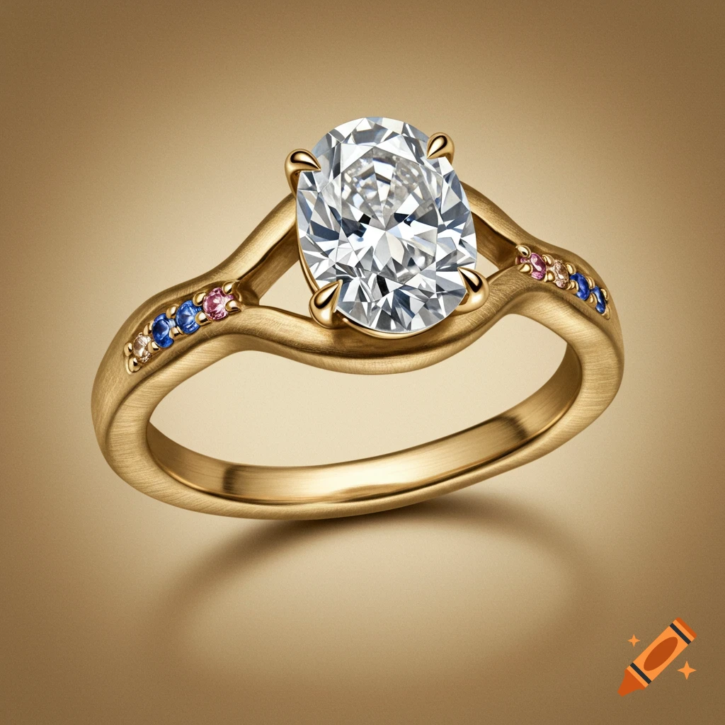 A close-up of a satin-finish dark yellow gold engagement ring with an oval diamond and tiny flush-set colored sapphires.