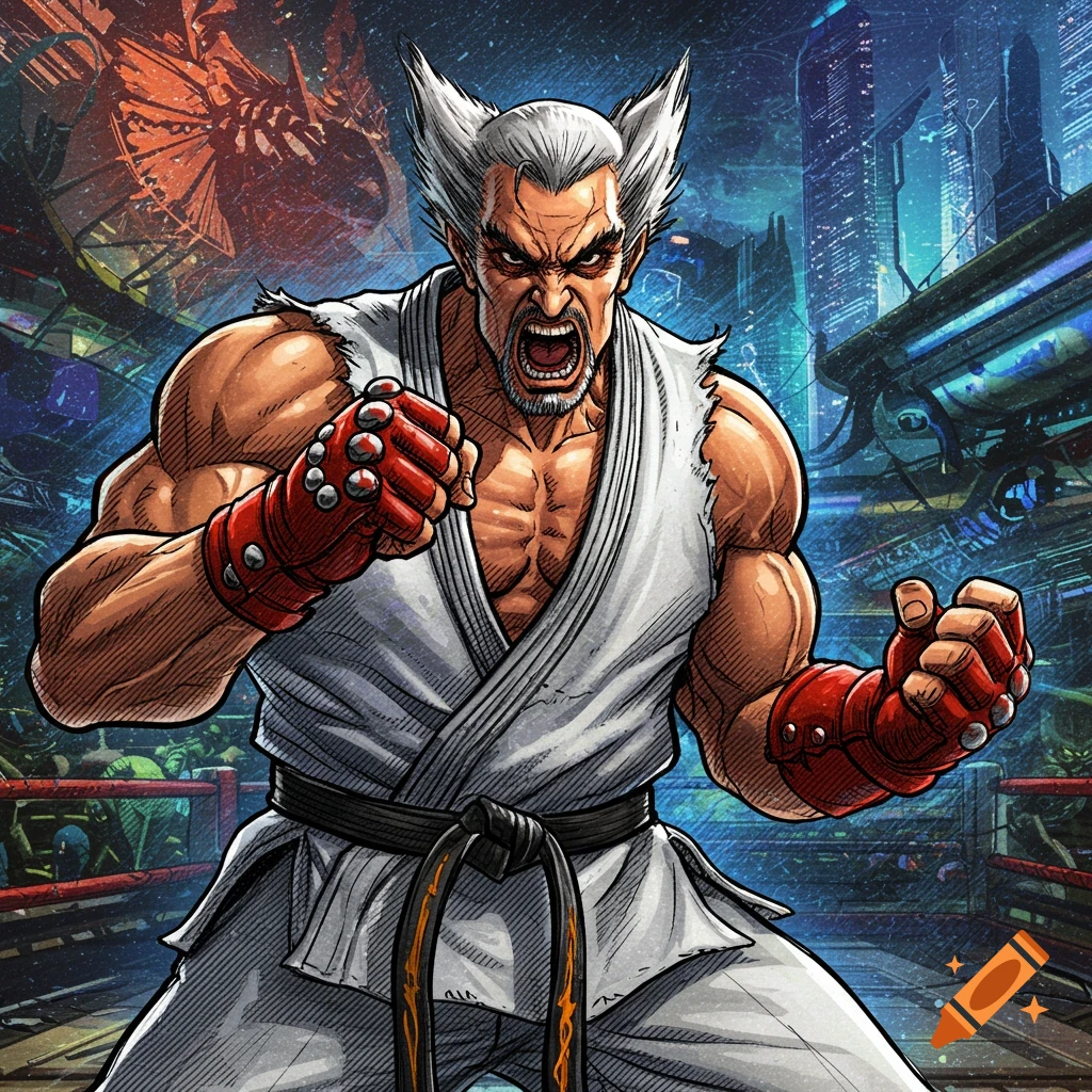 A muscular, angry Heihachi from Tekken with spiky white hair yells while in a fighting stance in a futuristic arena, depicted in a comic book illustration style.