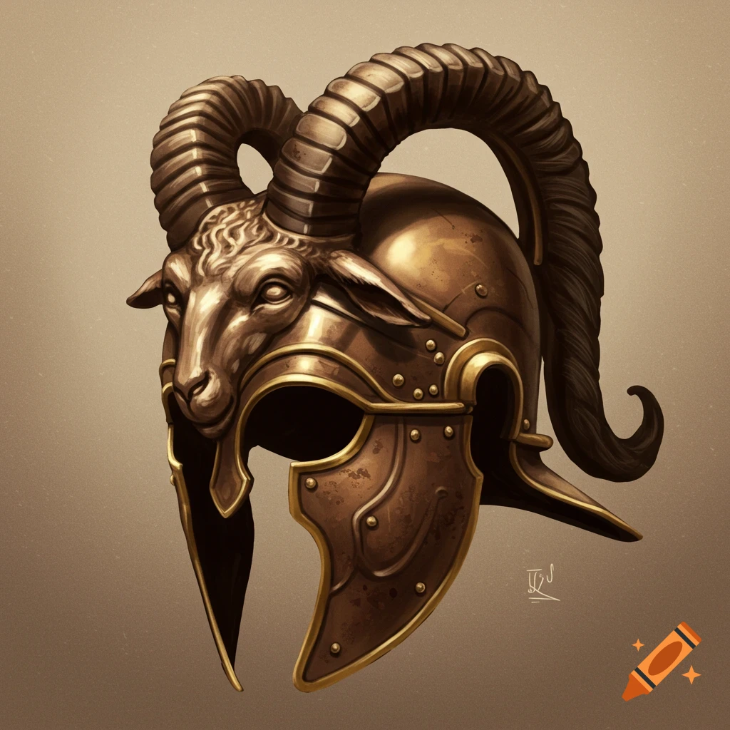 A bronze helmet designed with a ram's head and large, curving horns, set against a simple background.