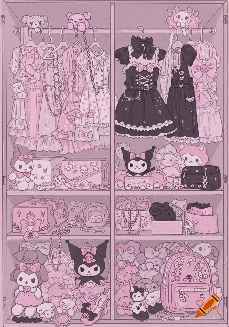 An illustration of a pink closet filled with cute clothes, accessories, and plush toys, including Sanrio characters like My Melody and Kuromi.