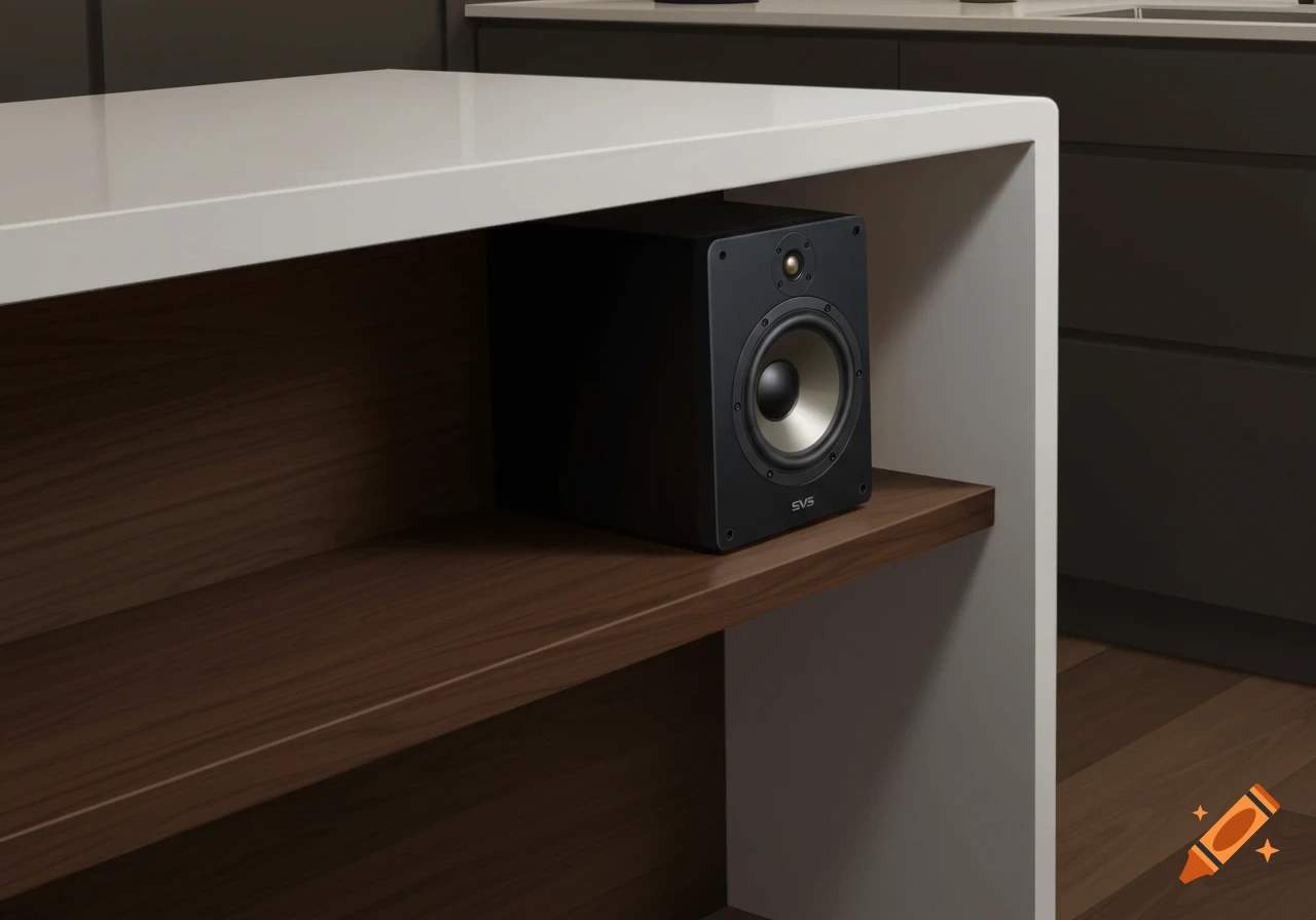 A black SVS Prime speaker sits on a dark wooden shelf under a white kitchen island counter in a modern kitchen.