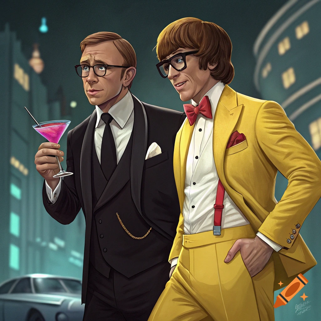 Illustrated image of two men resembling James Bond and Austin Powers in suits, one holding a pink martini, standing in an urban setting.