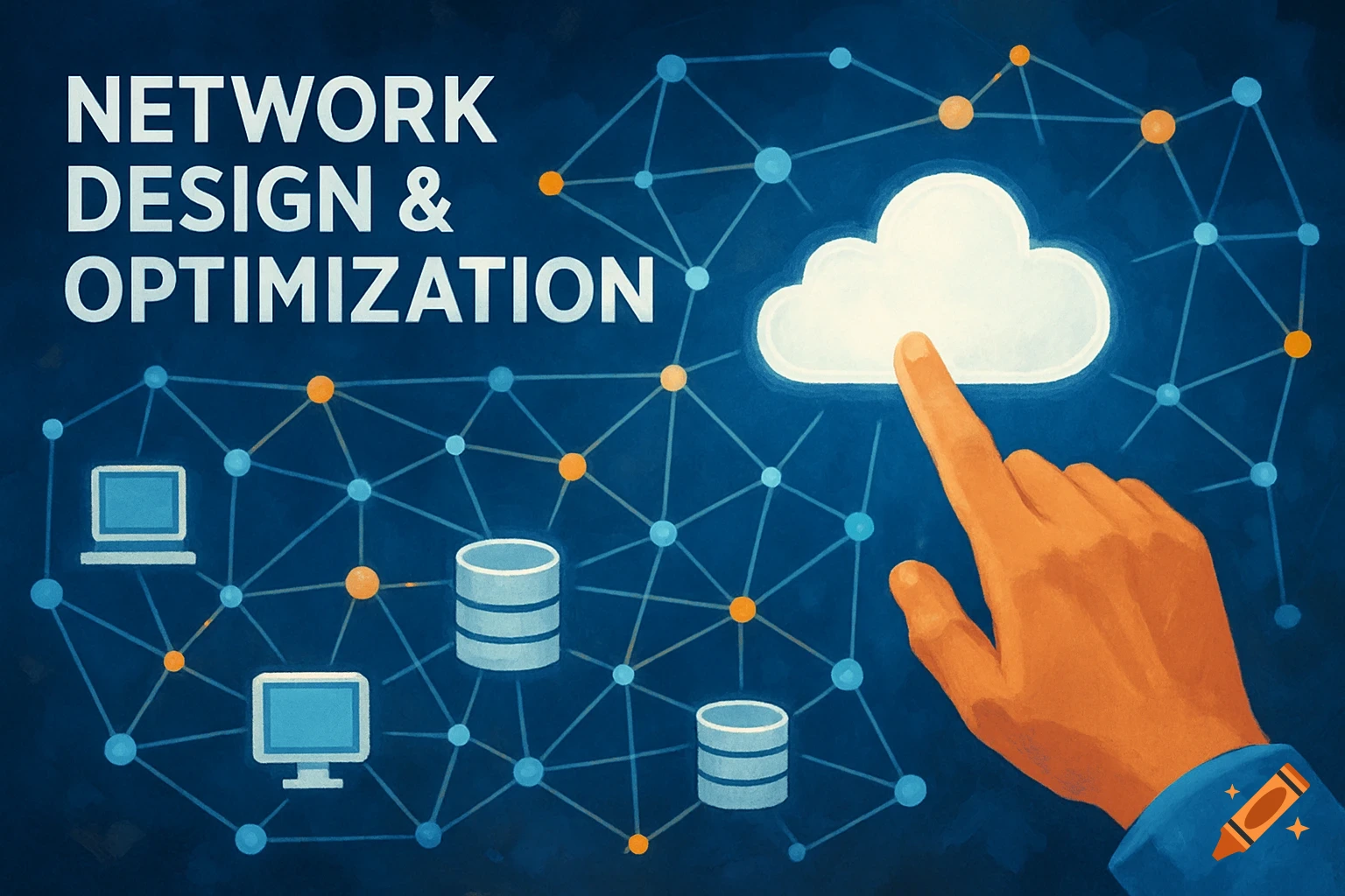 A hand points to a cloud icon in a network design graphic with text 'NETWORK DESIGN & OPTIMIZATION', computers, and data servers.