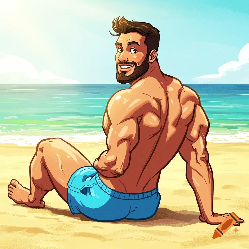 Cartoon illustration of a muscular man in blue swim trunks sitting on a sandy beach, looking back at the viewer.