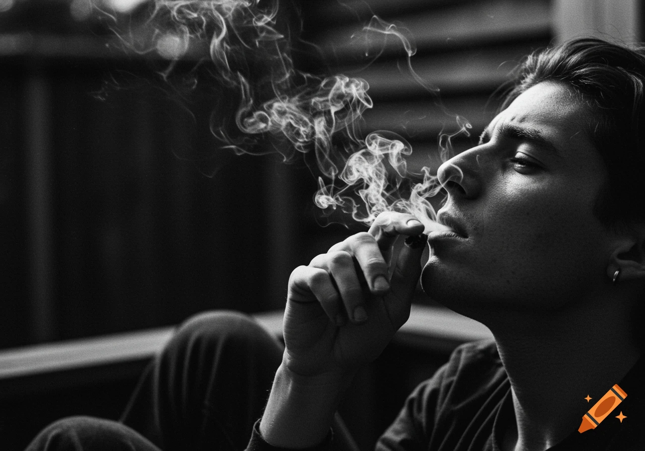 Black and white photo of a man smoking, with smoke swirling around his face.