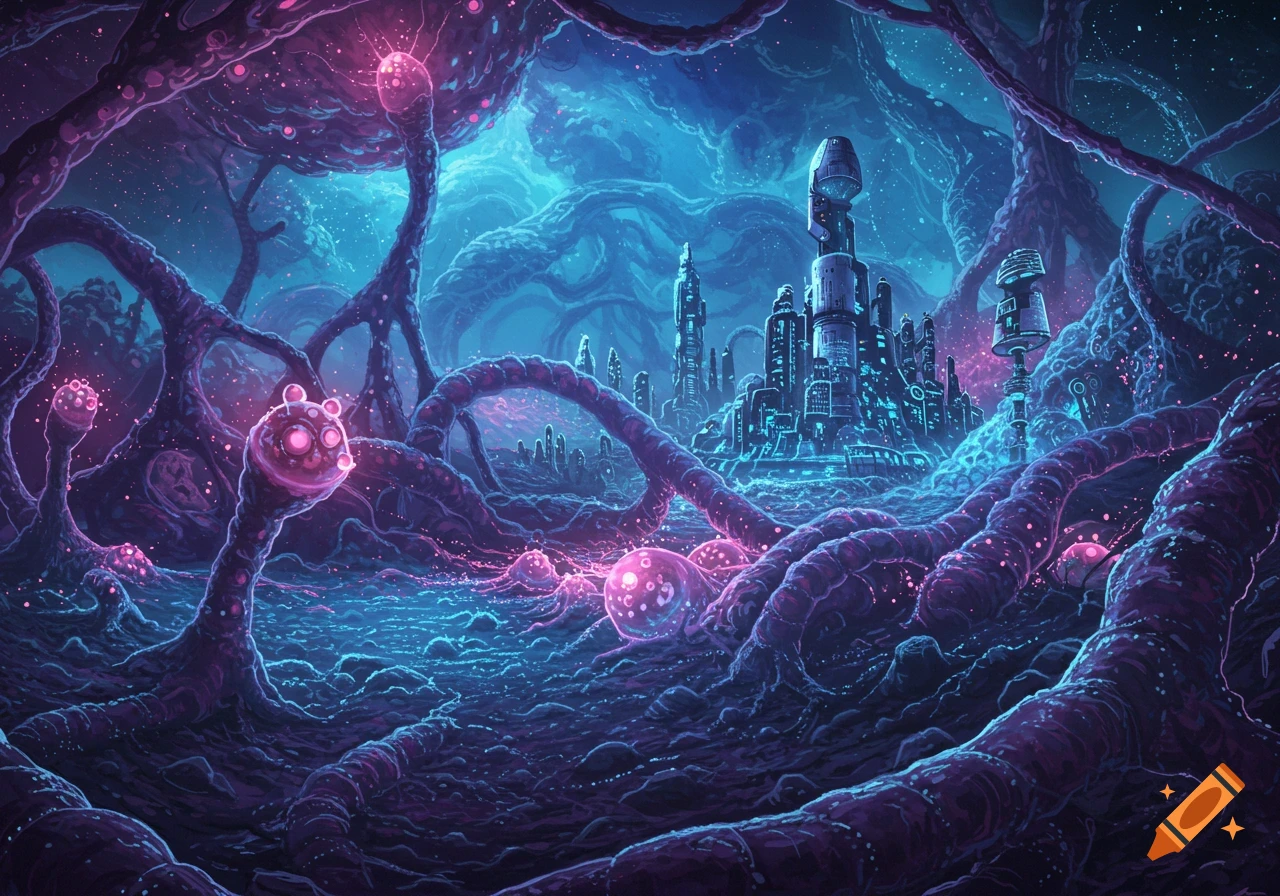 A vibrant, dark purple and blue alien landscape with glowing pink organisms, intertwined roots, and a futuristic sci-fi city in the background.