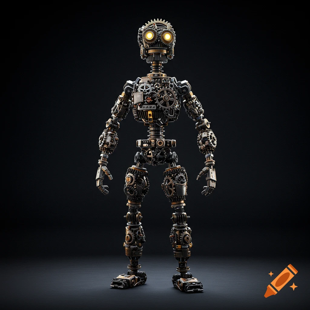 A detailed steampunk robot made of gears and metal, with glowing yellow eyes, standing against a dark background.