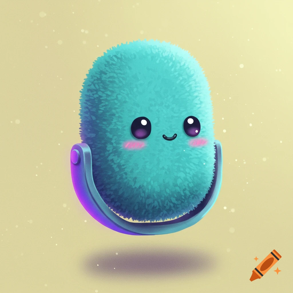 A cute, fuzzy, teal-colored creature with large eyes and pink cheeks, resembling a cartoon microphone, against a yellow background.