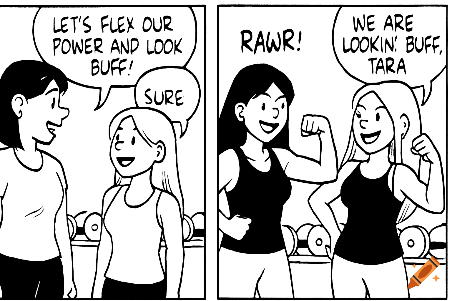 A black and white comic strip shows two women, Luann and Tara, talking at a gym, then flexing their muscles.