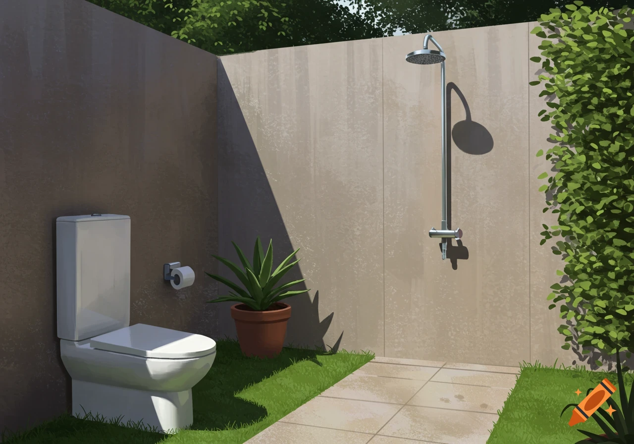 An outdoor toilet and shower area enclosed by light brown walls and green foliage, with a tiled path and grassy sections.