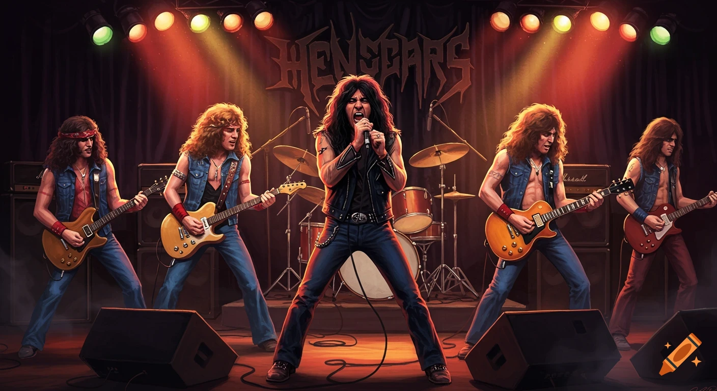 A heavy metal band performs on stage under bright spotlights, with a band logo in the background.