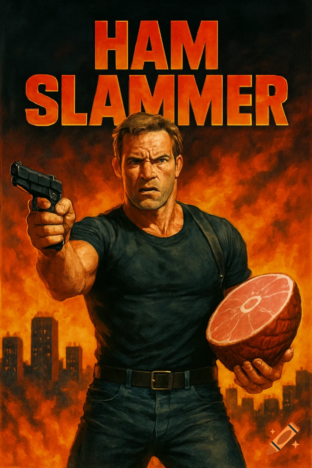 A movie poster shows a muscular man with a gun and a cross-section of raw ham, against a fiery city background. Text reads "HAM SLAMMER."