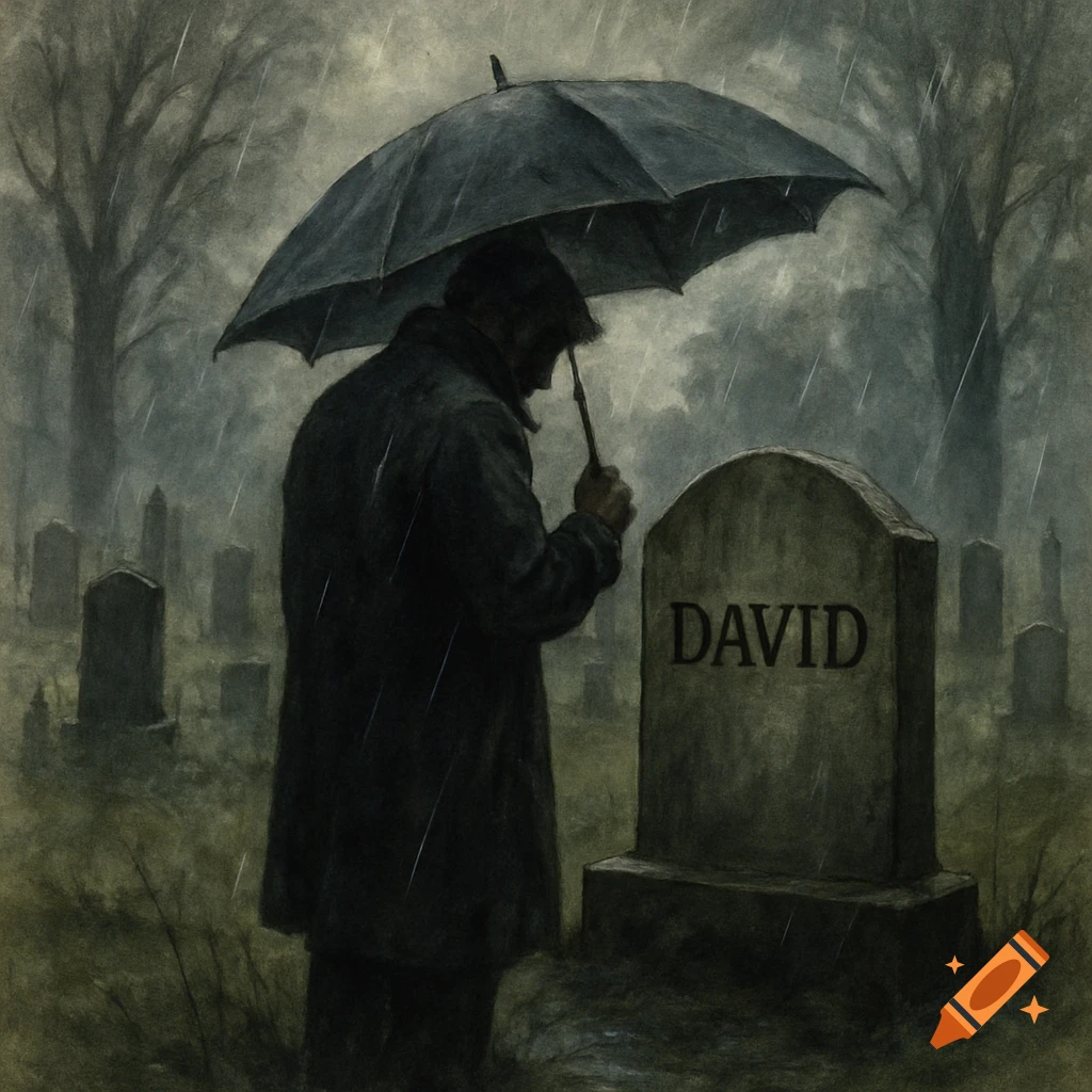 A man with an umbrella stands by a headstone inscribed 'DAVID' in a rainy, somber graveyard.