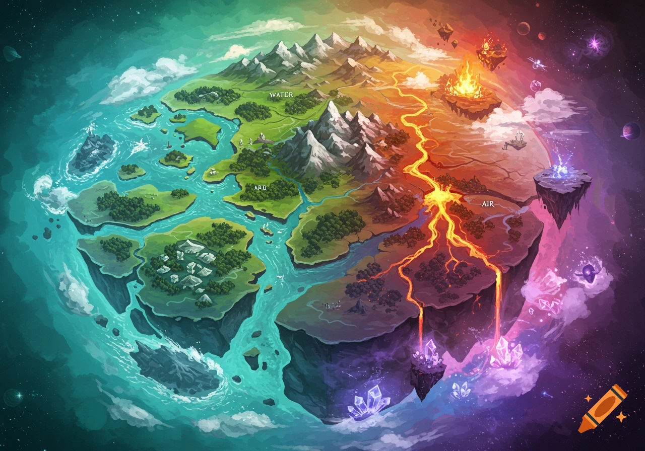 An overhead fantasy map illustrating a planet split into five distinct elemental sections: vibrant green water, lush earth, fiery red volcanic lands, and mystical purple air and magic realms, all floating in space.