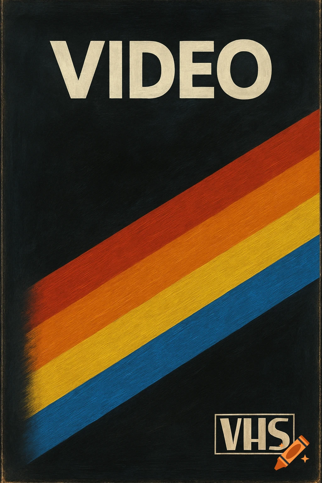 Retro VHS box art with 'VIDEO' at the top, colorful diagonal stripes, and 'VHS' at the bottom right.