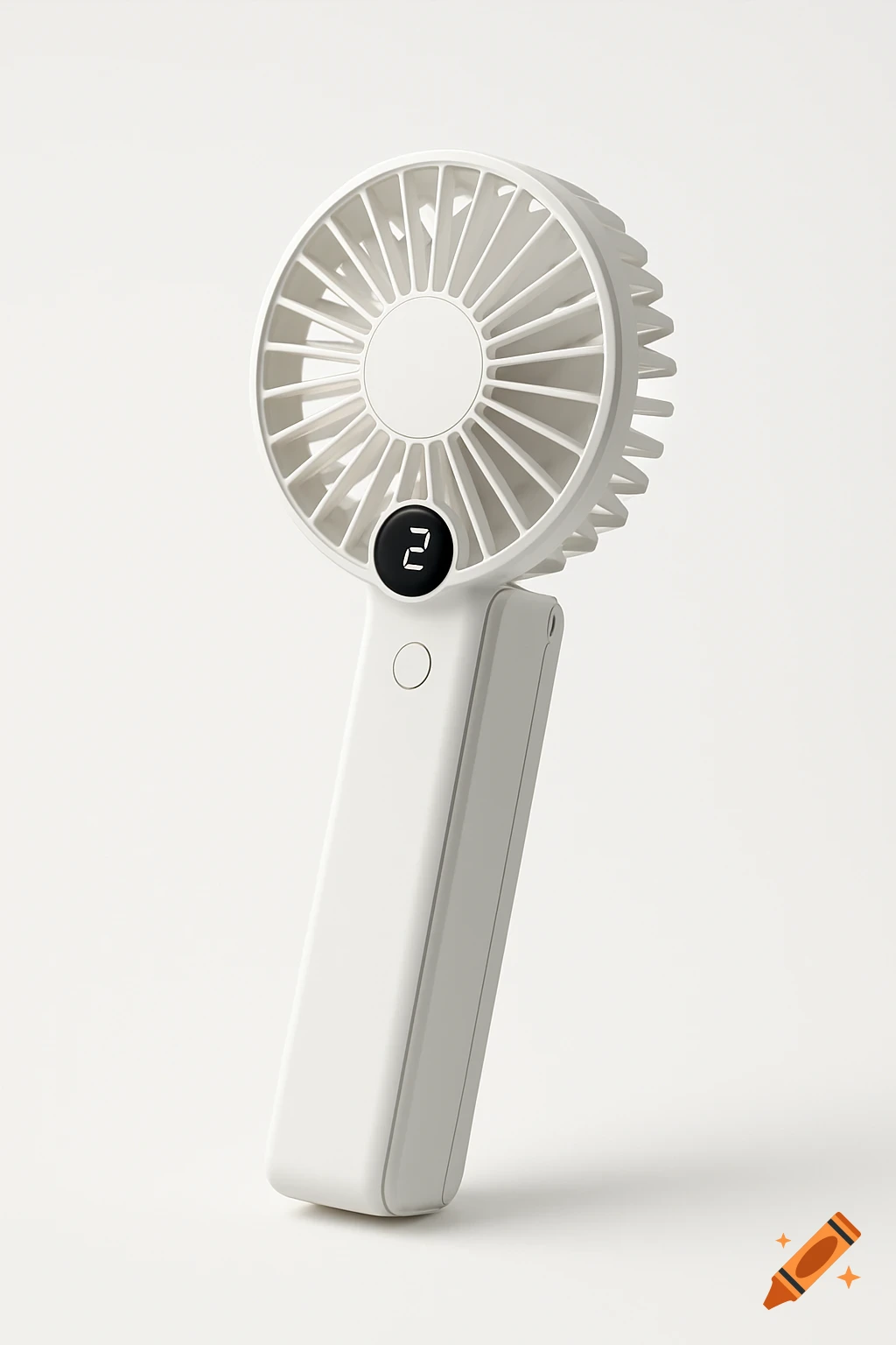A white, foldable handheld fan with a digital display showing the number 2, on a white background.