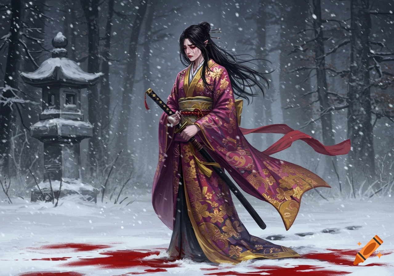A sorrowful dark-haired fantasy warrior with pointed ears, wearing a flowing purple and gold kimono, stands in a snowy forest with a katana, blood staining the snow.