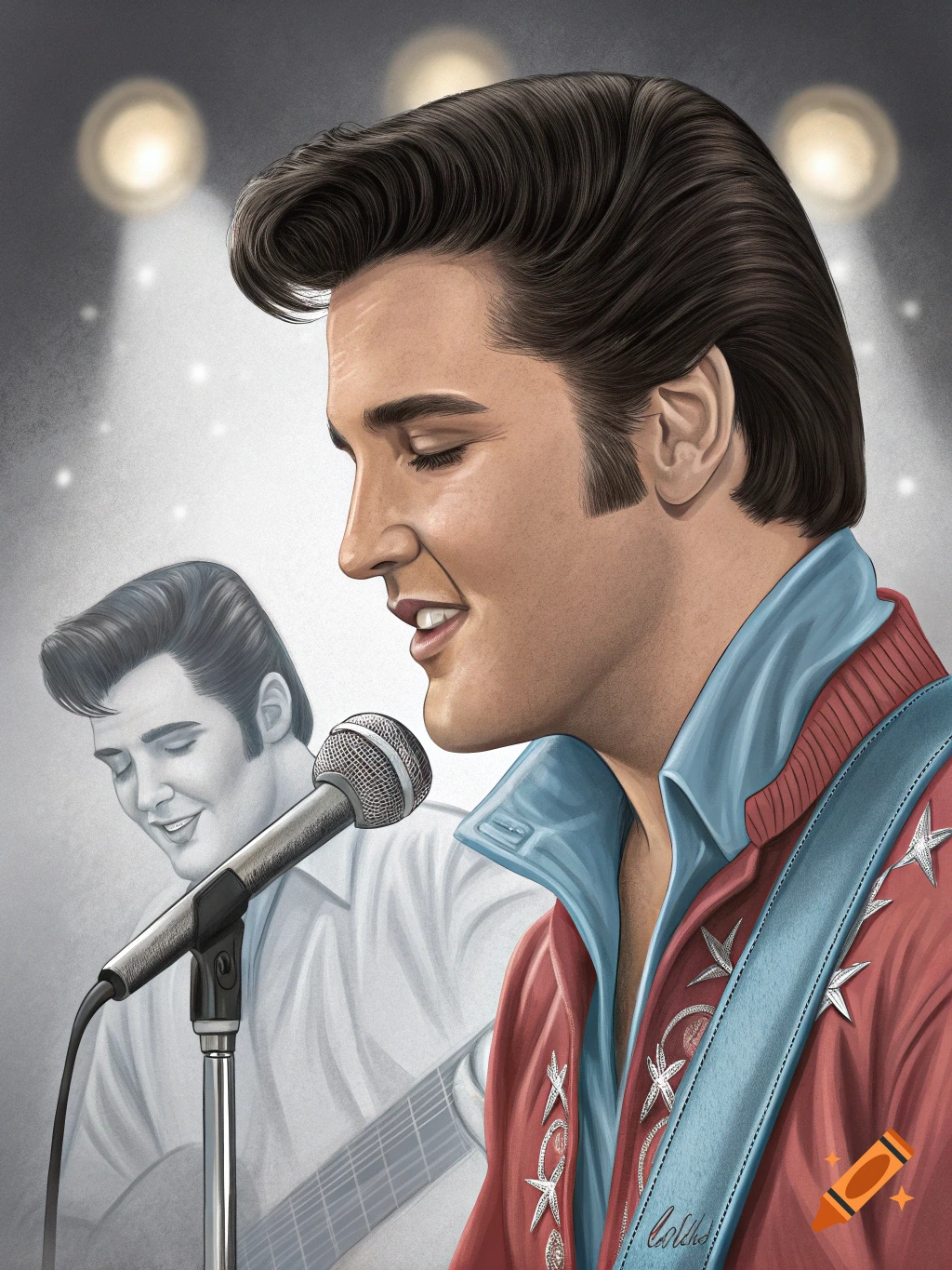 Vibrant illustration of Elvis Presley singing into a microphone, with a faded grayscale image of another Elvis playing guitar in the background.