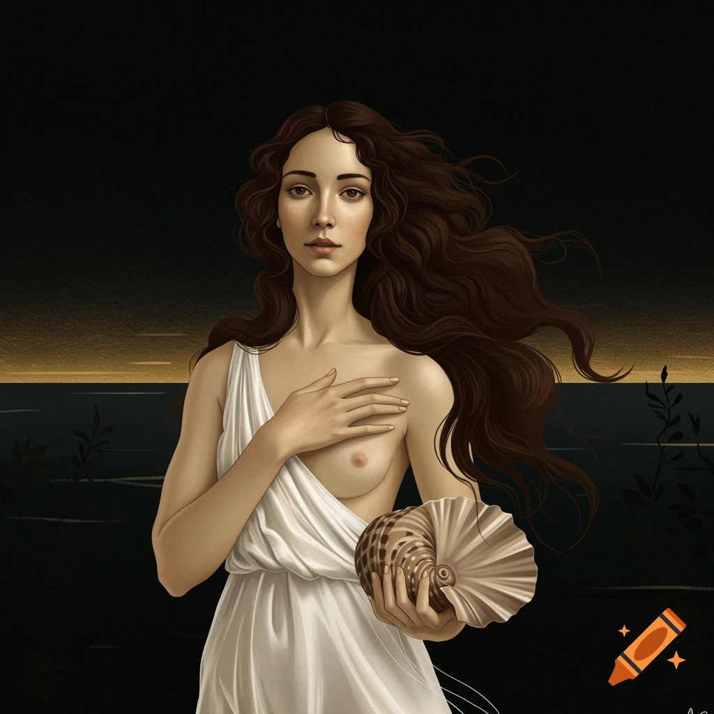 Classical portrait of a woman with long hair in a white drape, holding a shell against a dark, dramatic sky.