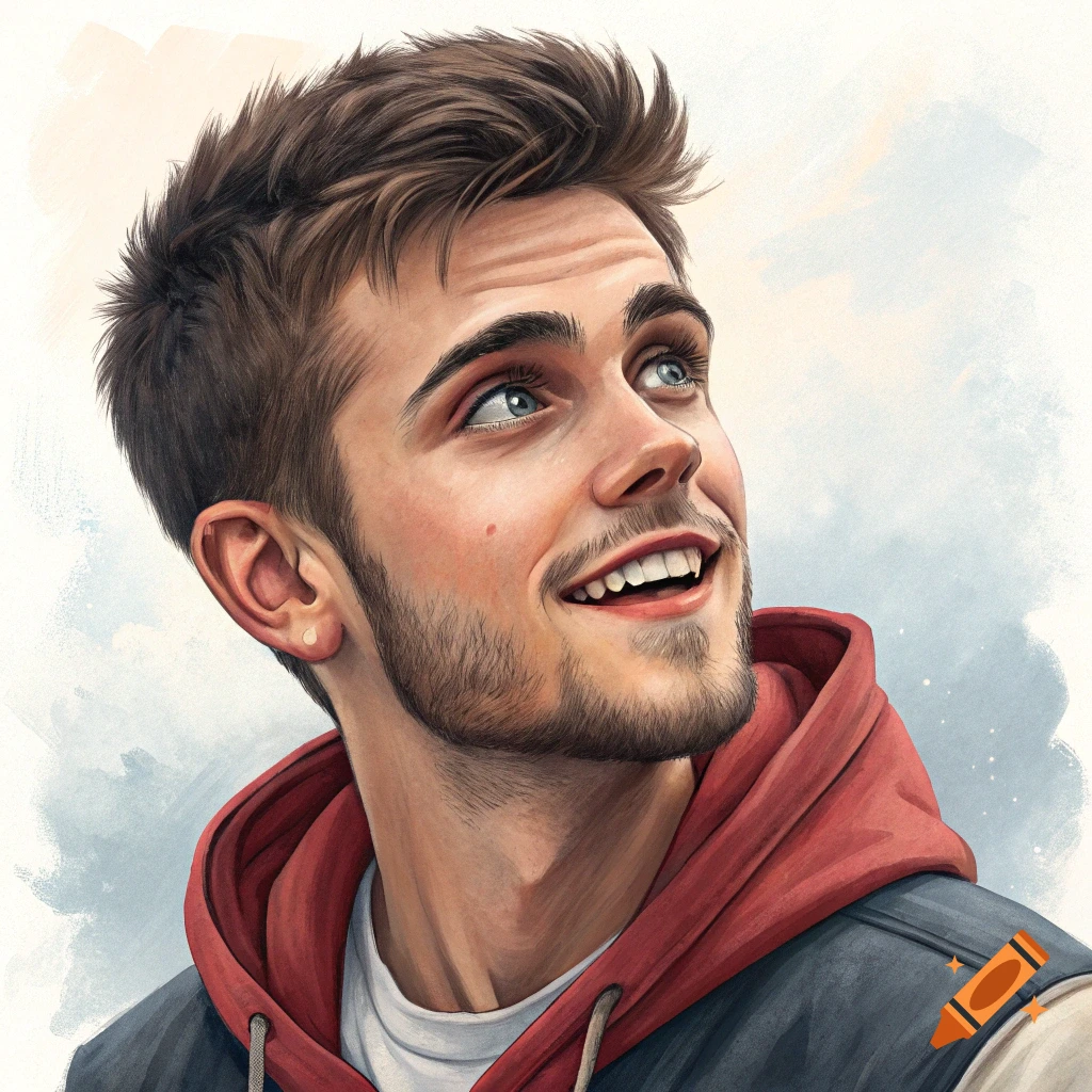 Illustration of a smiling young man with a beard looking up.