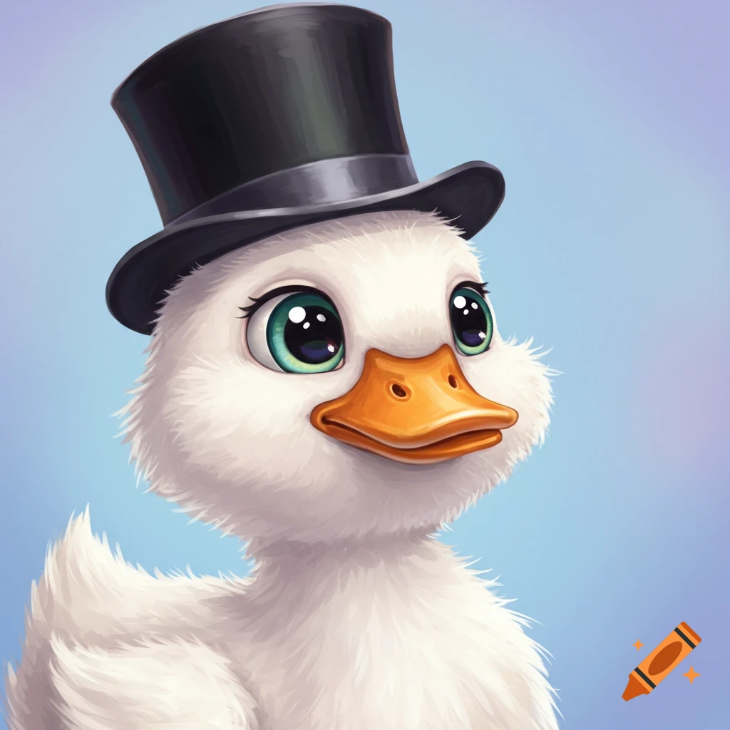 A super cute white duckling with large green eyes and an orange beak wears a black top hat against a blue background.