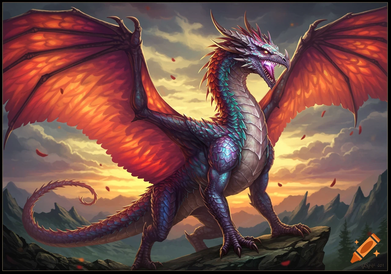 A vibrant, scaly dragon with large, colorful wings stands on a rocky mountain peak against a dramatic sunset sky.