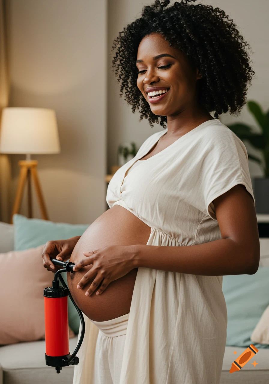 A smiling pregnant Black woman uses a red air pump to playfully inflate her belly in a living room.
