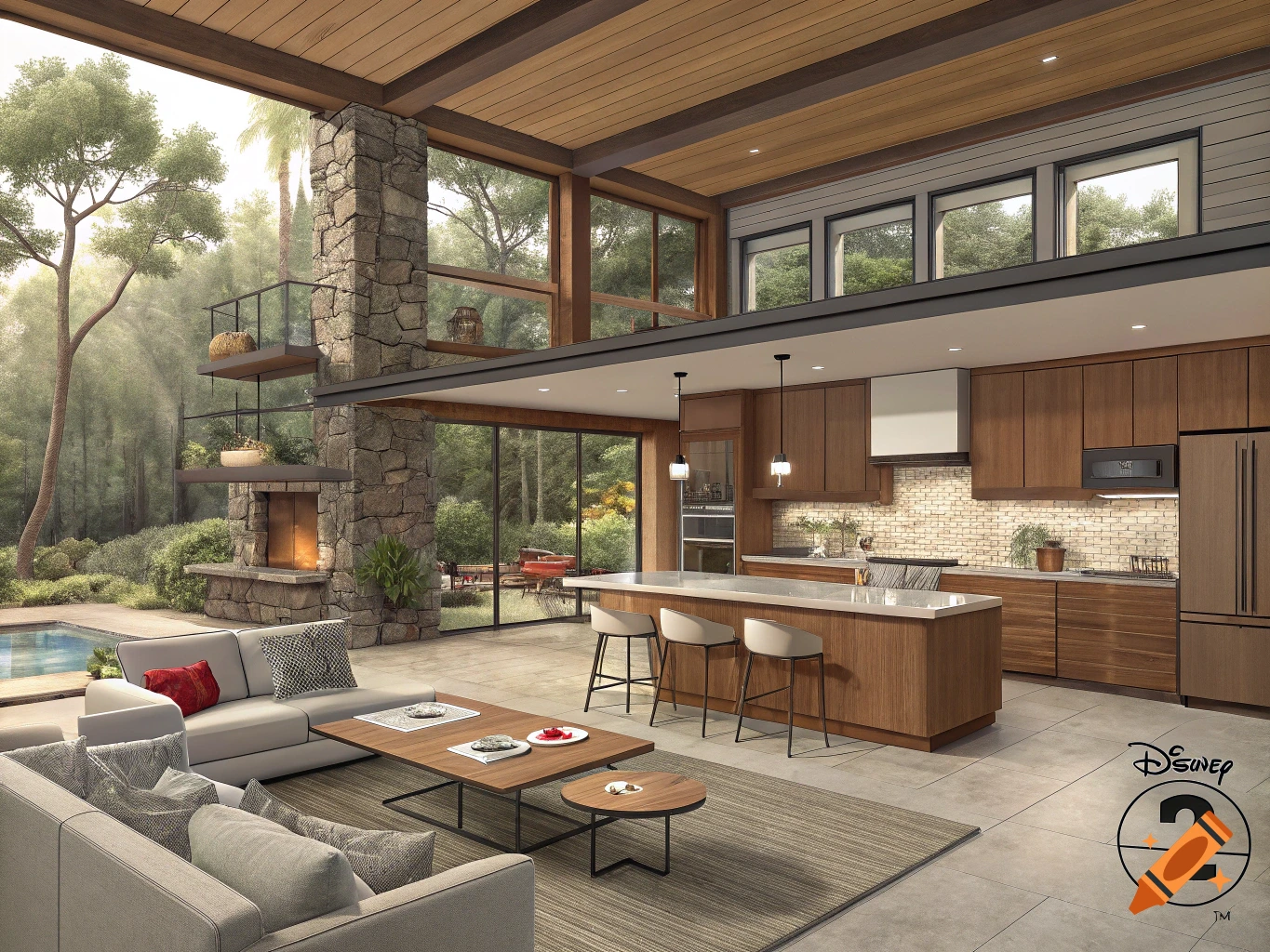 Photorealistic view of a modern open-concept living room and kitchen in a house with large windows overlooking a lush forest.