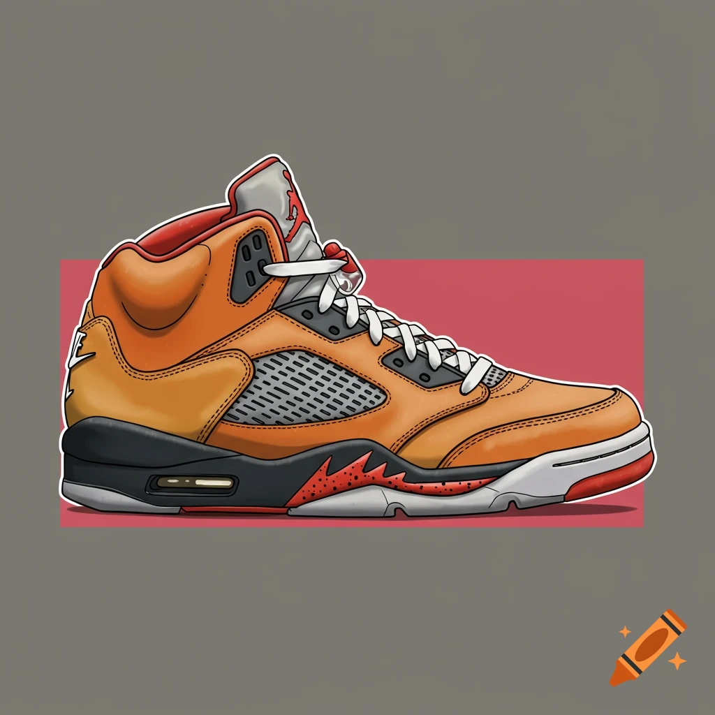An orange, black, and white high-top sneaker with red accents and a Jumpman logo on the tongue, depicted in an illustrative style.