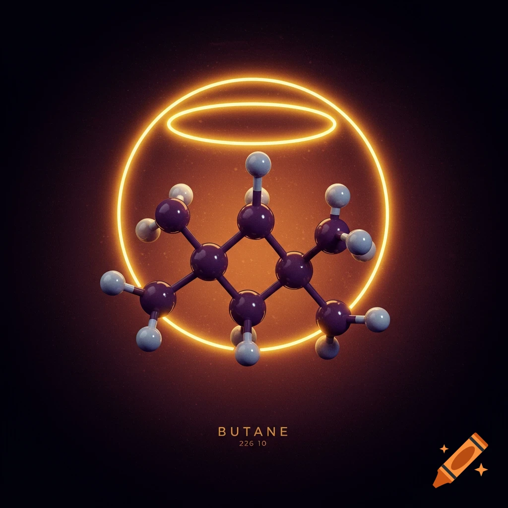 A molecular model of butane with purple atoms and light blue bonds ...
