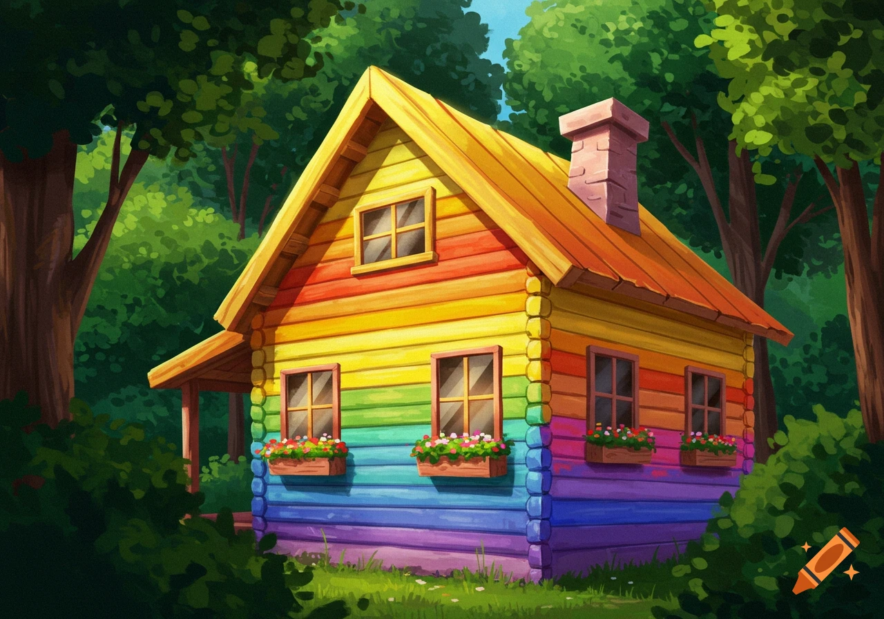 A vibrant rainbow-colored cabin with a yellow roof and flower boxes sits nestled among lush green trees in a bright, cartoon-like illustration.