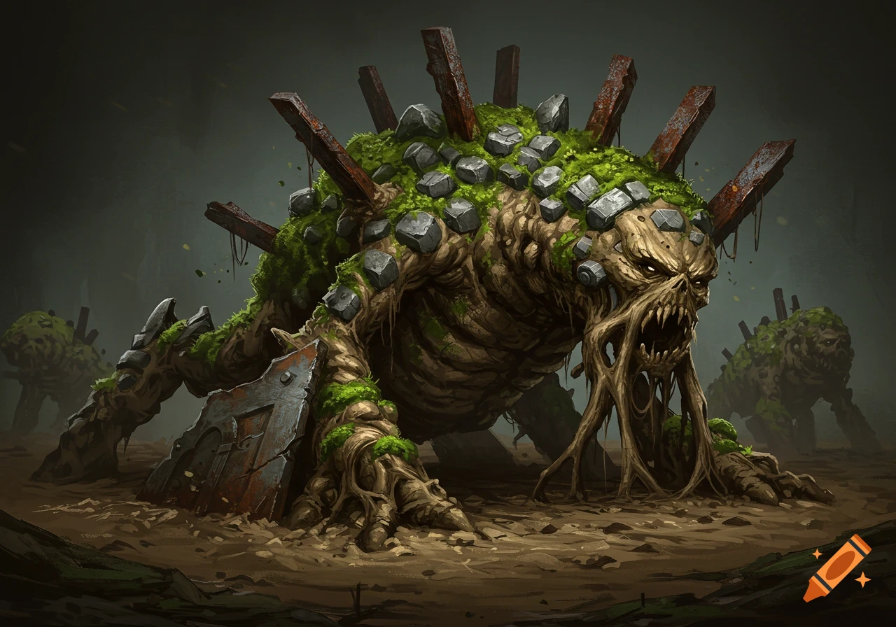 A grotesque swamp monster made of moss, mud, and stone, with rusted metal spikes emerging from its back and a gaunt, screaming face.